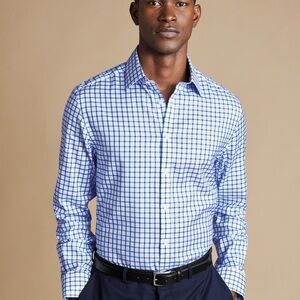 Non-Iron Twill Grid Check Shirt - Cobalt Blue Slim fit